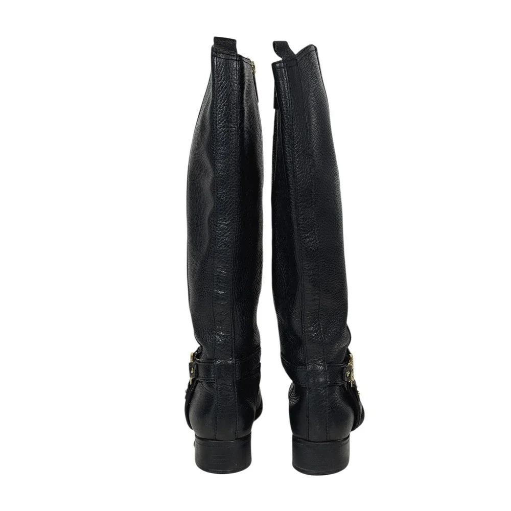 Tory Burch Women's Size 5M Black Leather Riding Boots Gold Logo Buckle Knee High